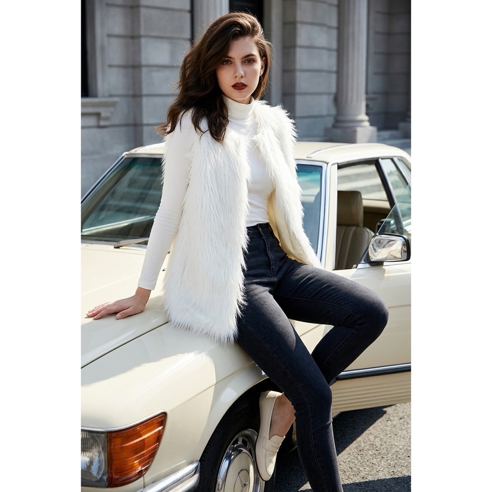 Sioni White Shaggy Faux Fur Vest Sleeveless Lined Jacket Womens Sm Festival Boho